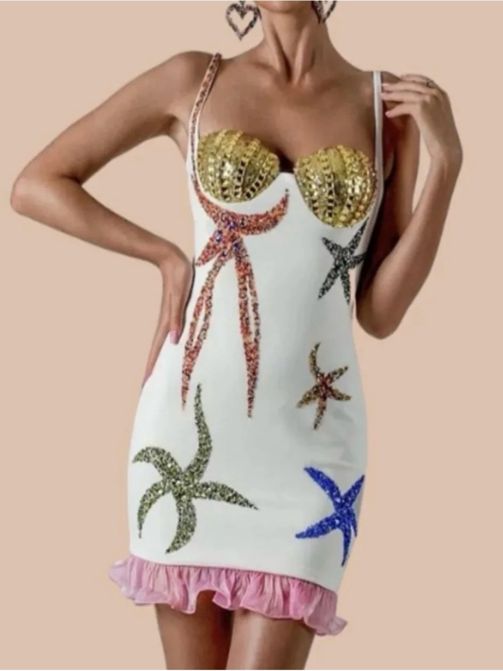 Women’s White Sequin Starfish Swim Dress with Gold Shell Detail